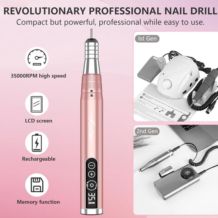 Електрична машинка для манікюру та педикюру Kredioo бездротова, 35000 об/хв, набір з 6 фрезерними насадками для видалення кутикули, шкарлазу, акрилу та гелю. Підходить для початківців та професіоналів.