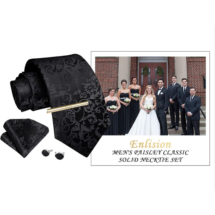 Чоловічий краватковий та нагрудний комплект Enlision: краватка, краваткова кліпса, нагрудний хустинка, чорний колір, універсальний розмір