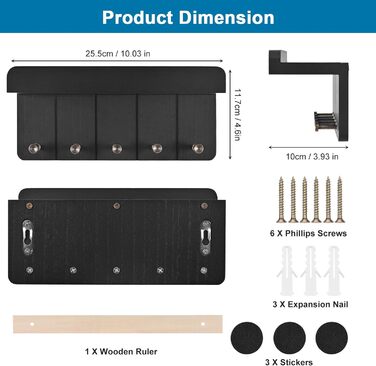 Дерев'яне ключниця з полицею, настінна | 5 гачків | для прихожей, кухні, спальні (чорний)