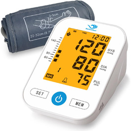 Тонометр на плече Oberarm з автоматичним вимірюванням, визначенням аритмії та вимірюванням пульсу, великим LED-дисплеєм, 2x99 пам'яттю, манжеткою 22-32 см (білий)