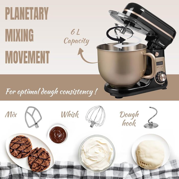 Кухонна машина Bestron Super Silent (65db) з DC-двигуном, 6 літрів, з набором насадок (міксер, гак для тіста, вінчик), 6 швидкостей + Pulse, колір: бежевий