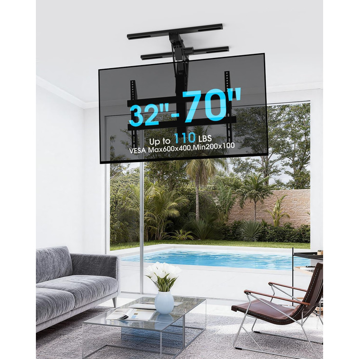 Електричний кронштейн для телевізора на стелю 32-70 дюймів, для плоских та вигнутих TV, чорний, VESA 600x400 мм, з пультом ДУ