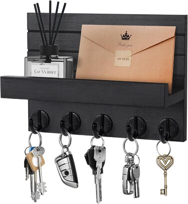Дерев'яне ключниця на стіну з полицею, чорний колір, 5 гачків, для прихожої, спальні, вітальні