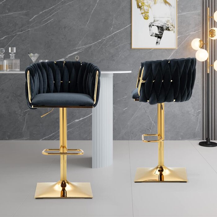 SUPPNEED Velvet Bar Stools 2-Pack - Adjustable Swivel Barstools with Backrest for Kitchen & Bar (Black)