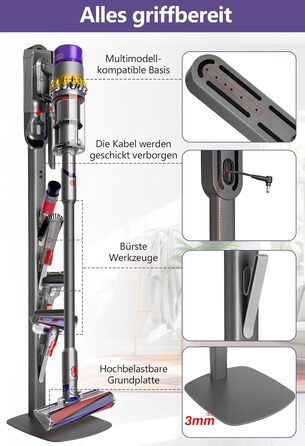 Кріплення та зарядний стан для пилососів Dyson V8–V15 та Gen5 – настінний тримач для акумуляторного пилососа з органайзером для насадок, щіток та кабелю, темно-сірий