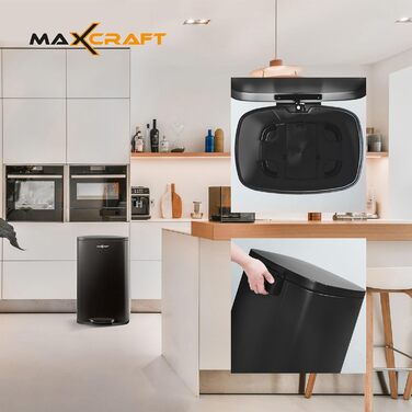 Степле́р для смі́ття 50 літрів зі сталі з внутрішнім відром з пластику - з м'яким закриттям кришки, для кухні, ванної кімнати або офісу - чорного кольору