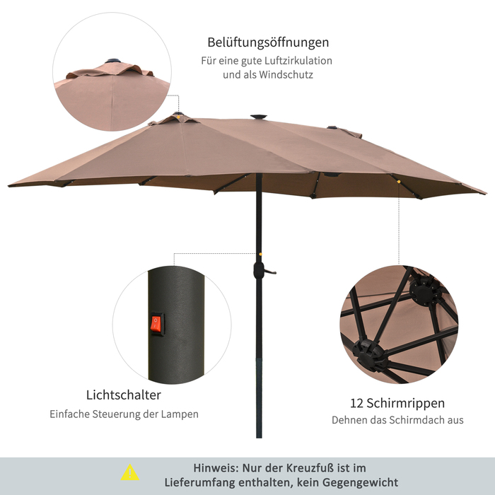 Сонцезахисний парасоль від Outsunny з LED-підсвіткою, подвійний парасоль 440 x 260 см, садовий парасоль, парасоль для тераси, великий овальний з ручною рукояткою та металевим каркасом кольору хакі