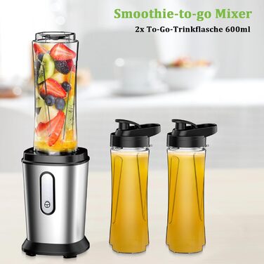 Міні-блендер Standmixer 500W з 2 пляшками Tritan, 4-лопатевий, для шейків та смузі, з нержавіючої сталі, портативний