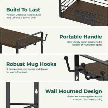 EsLuker.ly 2-Tier Mug Holder and Cup Stand, Mug Shelf for Coffee Cups, Coffee Organizer for Countertop, Coffee Station Organizer with Mug Holder, Vintage Brown-Black (14''H, Brown + Black)