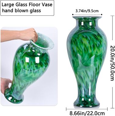Висока скляна ваза 50,8 см, смарагдово-зелена, ручної роботи, для дому та декору, велика ваза для вітальні, сучасний дизайн