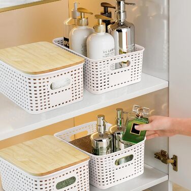 Storage Box with Bamboo Lid Small 3 Pieces 5L Storage Box Bathroom Box with Lid Bathroom Organizer 25x18x10cm Plastic Box Kitchen Storage Boxes Baskets Containers Stackable Boxes (White)