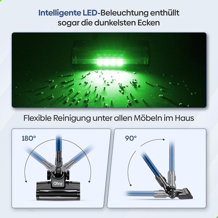 Акумуляторний пилосос Olvy 2-в-1 з функцією миття підлоги, для шерсті тварин, килимів та твердих поверхонь, бездротовий, без мішка, потужність 35KPA, 5 режимів, LED-дисплей, легкий, з HEPA-фільтром та аксесуарами