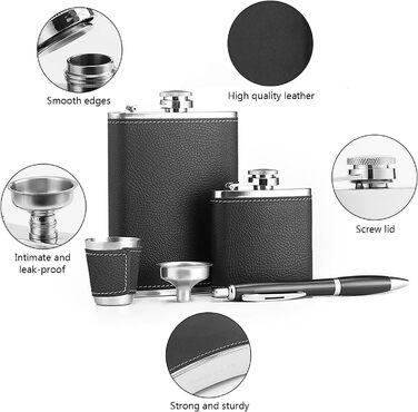 Персоналізований набір фляг 8oz + 3oz, чорна шкіра з келихом з нержавіючої сталі, ручка для підпису, воронка - подарунковий набір для чоловіків, ідеальний для подарунка на День батька