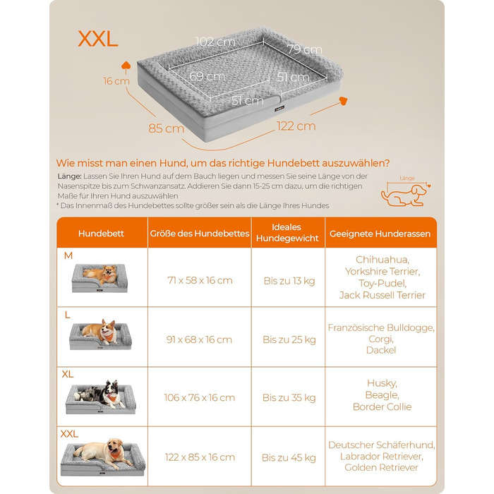 Ортопедичне собаче ліжко Feandrea для великих собак, вологостійке, знімний плюшевий чохол, 122 x 85 x 16 см, сірий (XXL)