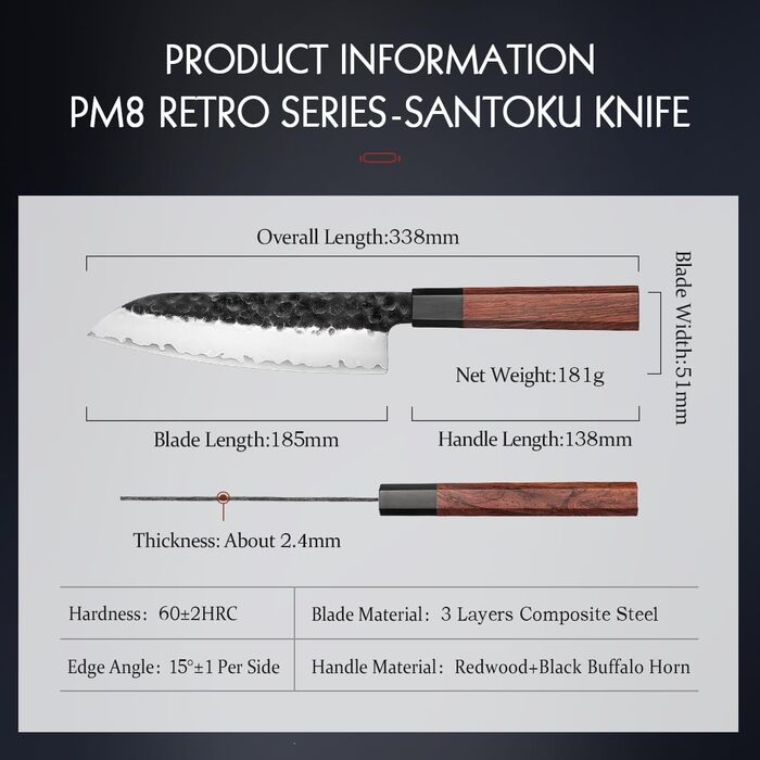 Японський ніж Santoku 18,5 см Hezhen, кухонний, з кованого сталі, з дерев'яною ручкою
