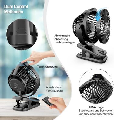 8000mAh Mini USB Clip Ventilator Battery, 13cm Small Table Fan with Remote Control, 5-Speed, LED Display, 360° Rotation, Rechargeable Battery Portable Table Fan for Home, Office, Camping, Stroller