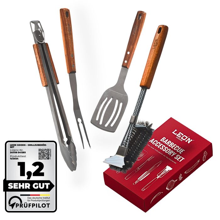 Набір гриль-посуду LEÓN Goods®: щипці, лопатка, виделка, щітка для гриля (4 шт.) з нержавіючої сталі та акації, для газових грилів. Ідеальний подарунок для гриля!