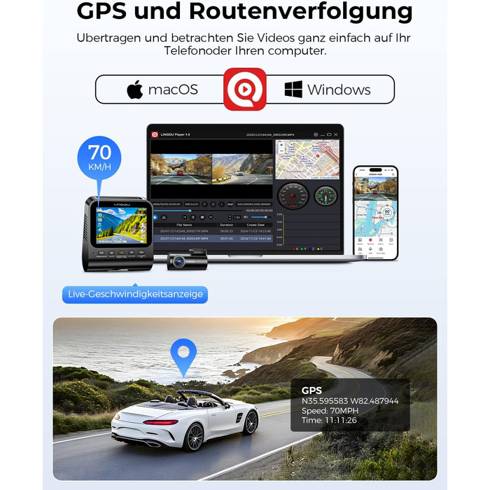 Відеореєстратор для авто Dashcam Auto Vorne Hinten 4K + 1080P з двома камерами, IPS-екран 2.4', SD 64GB, запис голосом, паркувальний режим, покращена нічна зйомка, WDR