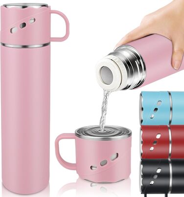 Термокружка-термос з нержавіючої сталі 550 мл, без витоку, з чашкою та ручкою, вакуумна термоізоляція 12 год гаряча / 12 год холодна, неслизька, для кави, спорту, роботи, школи, автомобіля (Рожева)