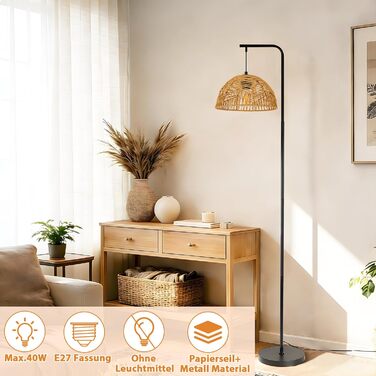 Торшер Rattan Boho - Стильний торшер для вітальні, спальні, тераси, офісу E27 164 см, чорний, з ніжкою-вимикачем