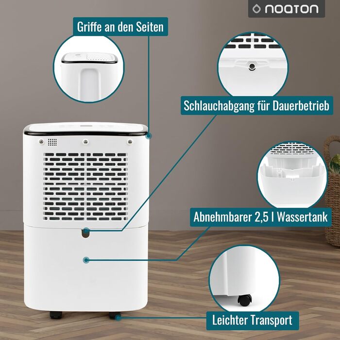 Noaton® DF 4212: Електричний осушувач повітря 13,2 л/24г з відводом, автовимкненням, тихий, для 45 м², таймер, бак 2,1 л, для квартири, підвалу