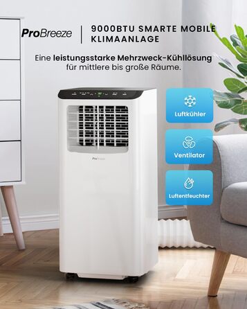 Мобільний кондиціонер Pro Breeze™ 9000 BTU 4-в-1: охолоджувач, вентилятор, осушувач, нічний режим, клас енергоефективності A, комплект для ущільнення вікна, пульт ДК та таймер 24 години, білий