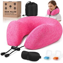 Подушка для подорожей Kobete з ефектом пам'яті (Memory Foam) для шиї, набір для сну в літаку, авто, поїзді: 3D-маска для сну, беруші та сумка (Рожевий)