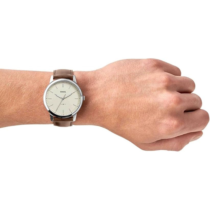 Годинник Fossil для чоловіків The Minimalist 3H, кварцовий механізм, 44 мм, срібляста сталева коробка та шкіряний ремінь, FS5439, білий та коричневий