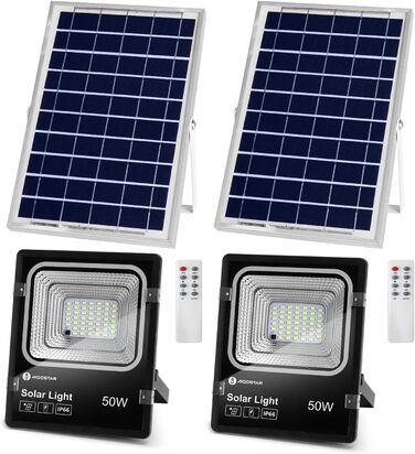 Aigostar 50W Solar Flood Light Outdoor, Super Bright LED Floodlight with Solar Panel, Cool White 6500K, IP66 Protection Grade Solar Spotlight Searchlight Outdoor Spotlight for Garden, Door, Yard, Garage, etc., 2 Pieces