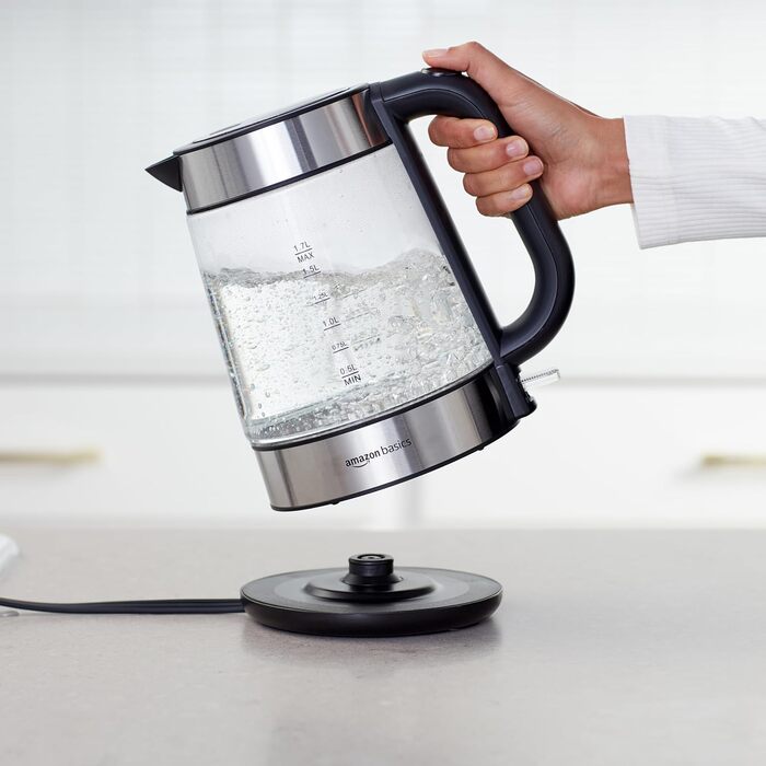 Amazon Basics Electric Glass Kettle, 1.7 L, 2200 W, Black, Silver