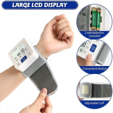 Автоматичний тонометр на зап'ястя: регульована манжета, 2 AAA батарейки, чохол. Виявлення нерегулярного серцебиття, пам'ять на 99 вимірювань, великий LCD-дисплей, білий/блакитний