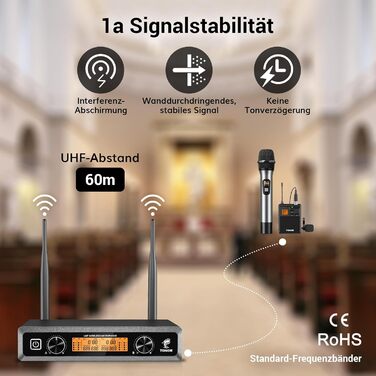 TONOR Бездротовий мікрофонний комплект з 4 каналами UHF: ручний, нагрудний, гарнітурний, лавел'єрний. Дальність дії 90м. Підходить для співу, караоке. 2 ручні мікрофони та 2 кишенькові передавачі