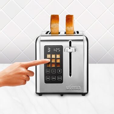 Ufesa Digital Future Toaster, Stainless Steel with 2 Slices, 950W Power, 9 Browning Levels for Bread and Bagels, Touchscreen, Defrost Function, 2 Wide Slots, Inox Screen