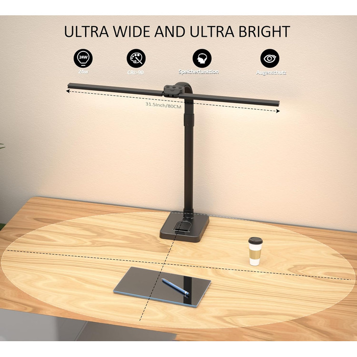 Світлодіодна лампа для столу Doppelkopf з регулюванням яскравості, 24W, 80см, для дому/офісу, денне світло, лампа для столу з шийкою-лебедем (чорна, з підставкою для телефону)