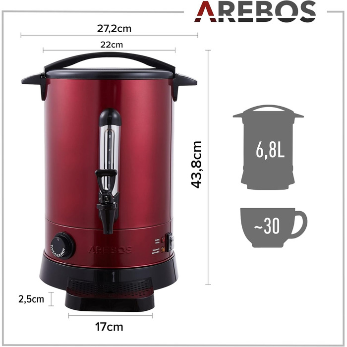 Arebos Glühwein Cooker 950 W | Hot Beverage Dispenser | 6.8 L | with Drip Tray, Spout, Thermostat, and Overheating Protection | Temperature Setting from 30-110 °C | (Red)