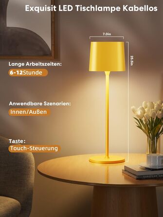 Акумуляторна настільна лампа LED бездротова, з USB-C, 3 кольори світла (3000-6000K), диммується, водонепроникна IP54, алюмінієва (жовта)