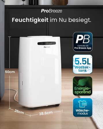 Про Бріз Зволожувач повітря 25л/добу - для приміщень до 30 м², 4 режими роботи, цифровий дисплей, шланг для зливу, функція сушіння білизни, таймер, проти вологи та плісняви.