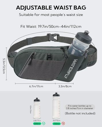 WATERFLY Поясна сумка на пояс для чоловіків та жінок з тримачем для пляшки: спортивна, стильна, для бігу, прогулянок, з собакою, подорожей, велосипеда (сіра)