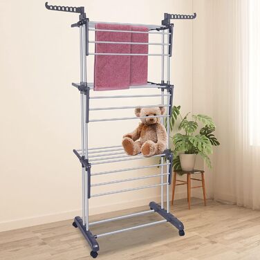 Bigzzia Clothes Rack Foldable 3 Tiers Stainless Steel Clothes Dryer Drying Rack with Two Side Wings Grey
