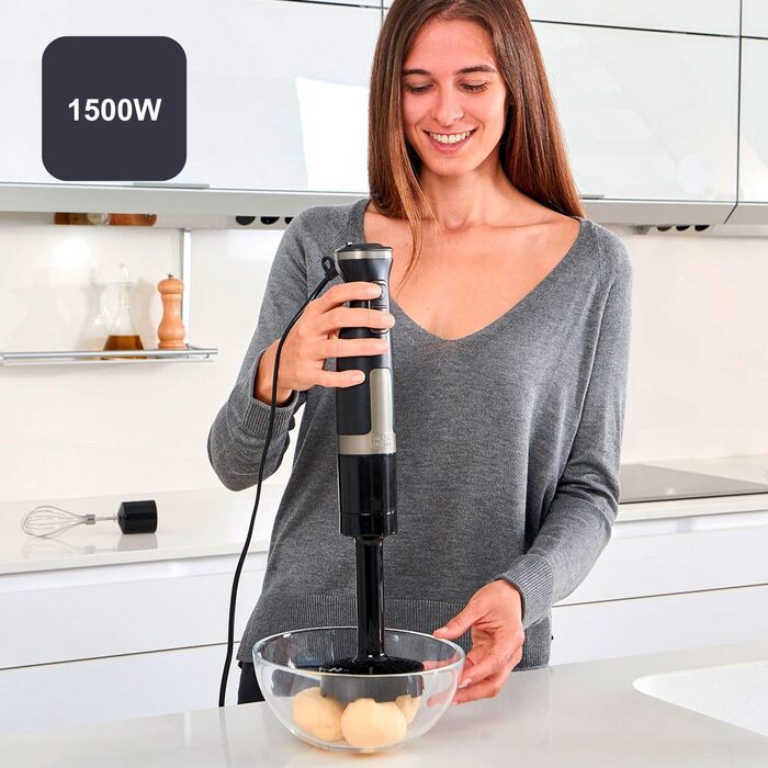 Блендер ручний BLACK+DECKER BXHBA1500E, 1500 Вт, 20 швидкостей, турбо, нержавіюча сталь, з насадками (віночок, подрібнювач, мірний стакан), захист від бризок