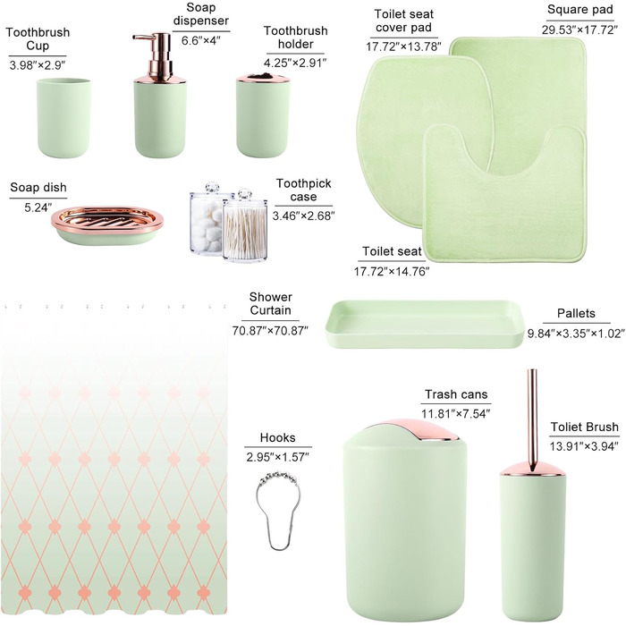 9-Piece Bathroom Accessory Set – Trash Can, Soap Dispenser Set, Soap Dish, Toilet Brush with Holder, Toothbrush Holder, Cup, Tray, Cotton Swab Holder, (Green Bathroom Set + Shower Curtain + Rugs)