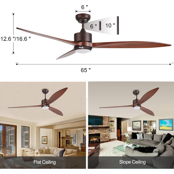Стеляний вентилятор Reiga з підсвічуванням, 165 см, масивне дерево для зовнішнього використання IP44, диммована LED-лампа та DC-двигун, сумісний з Alexa & Google Home з пультом керування, дерев'яні лопаті, колір: коричневий