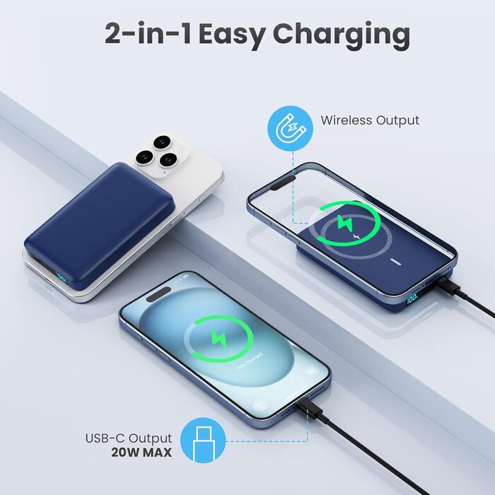 Power Bank HETP Магнітний 10800mAh з PD 20W, бездротова зарядка, USB-C, LED-дисплей, сумісний з MagSafe, iPhone 16/15/14/13/12 (Блакитний)