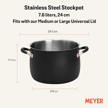 Суповий каструля Meyer Accent з нержавіючої сталі 7,6 л, 24 см, чорна, з антипригарним керамічним покриттям, для індукції, термостійкі ручки