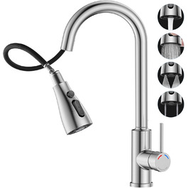 Змішувач для кухні SREWOHS PRO 4 з висувною лійкою, 4 режими розпилення, високий тиск, нержавіюча сталь, 360° обертання, високий вилив, однорідний змішувач, кухонний змішувач з одним отвором (нікель)