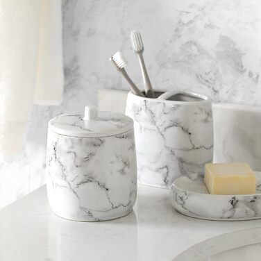 Motifeur Badaccessoires Set, 5-Piece Ceramic Bathroom Accessories Set with Lotion Dispenser/Soap Pump, Cotton Swab Holder, Soap Dish, Cup, and Toothbrush Holder (Marble Look)