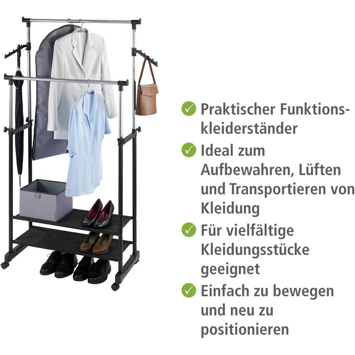 WENKO Clothes Rack Folding, Clothes Storage with Adjustable Clothes Rail and Wheels, Plastic/Metal, 88 x 100-168 x 11-49 cm, Chrome/Grey (169 x 43 x 89.5 cm)