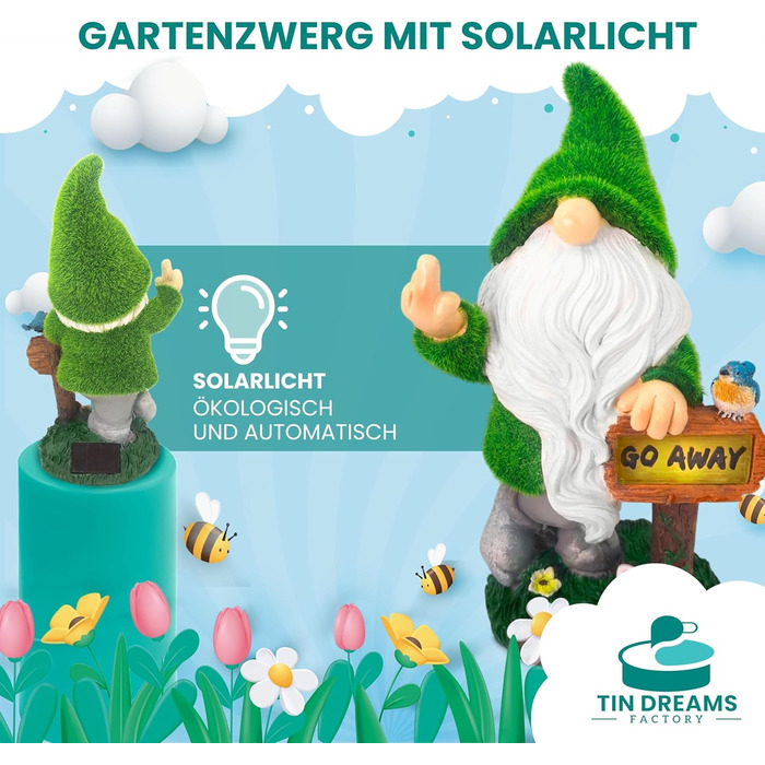 TIN DREAMS FACTORY | Cheeky Garden Gnome with Middle Finger and Solar Light – Funny Decorative Figure made of Resin for Garden, Terrace, Balcony – Witty Weatherproof Outdoor Decoration