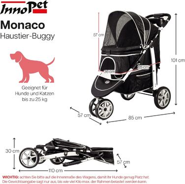 Візок для собак Innopet Monaco чорний з клямкою – універсальний візок для котів та собак, з дощем, складаний, знімний кошик, поворотне переднє колесо
