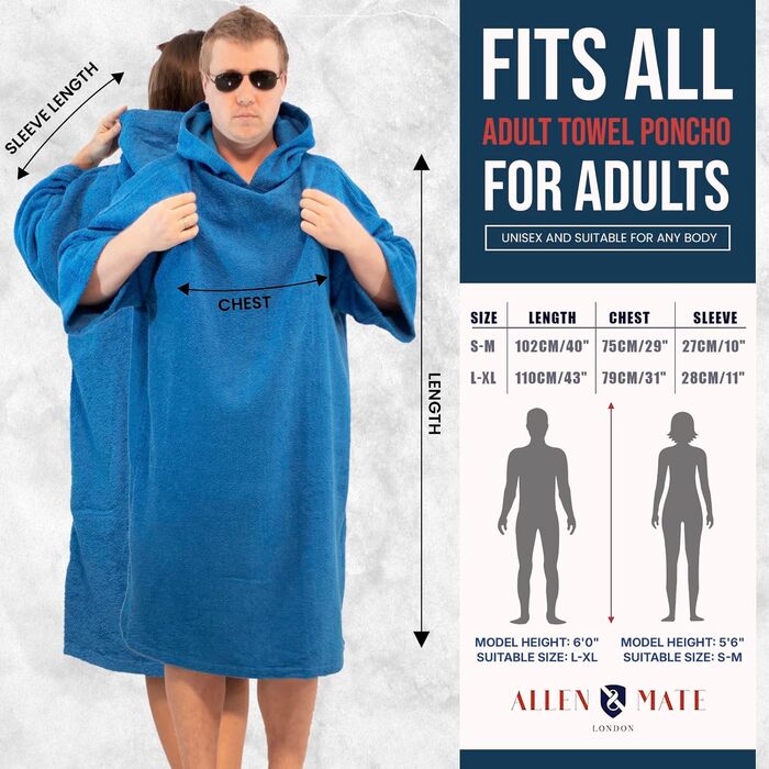 ALLEN & MATE Adult Hooded Towel Poncho, 100% Terry Cotton, Wrap Robe for Swimming, Surfing, and Beach Bathing